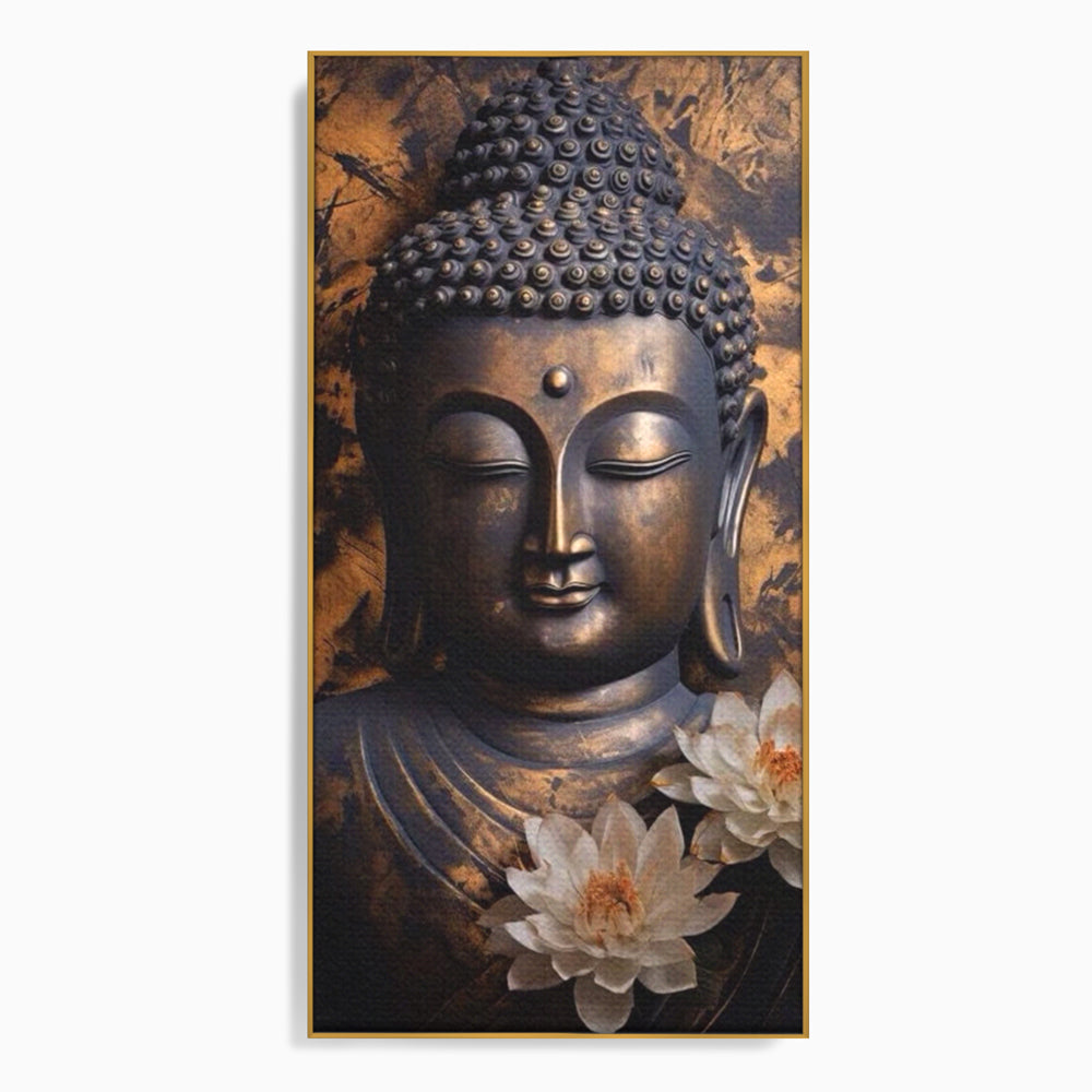 Tablou canvas cu tablou canvas cu buddha si flori de lotus, in rama de aluminiu auriu